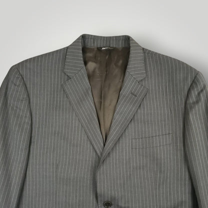 Front jacket detail showing lapel and pinstripe pattern