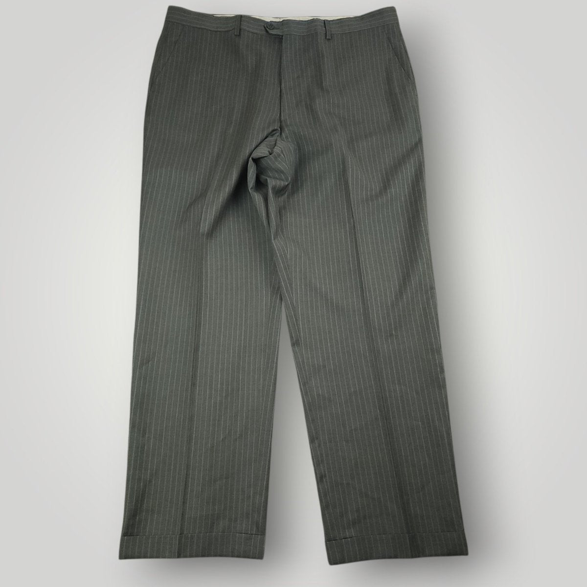 Front view of matching gray pinstripe suit trousers