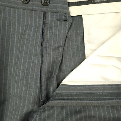 Gray pinstripe wool silk fabric detail on suit jacket and trousers