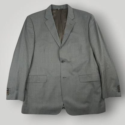 Rear view of gray pinstripe Traveller suit jacket