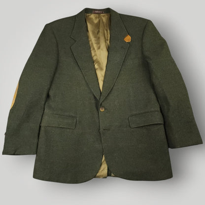 Front view of olive tweed sport coat with elbow patches and traditional country styling
