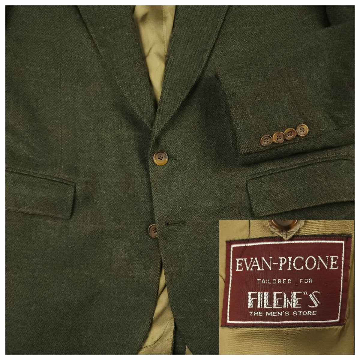 Close up of vintage country tweed jacket showing chest pocket fabric and label detail