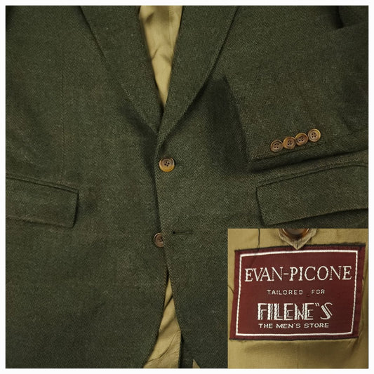 Close up of vintage country tweed jacket showing chest pocket fabric and label detail