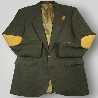 Vintage olive country tweed sport coat with suede elbow patches and classic sporting style