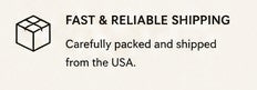 A text banner with a small cube icon stating 'FAST & RELIABLE SHIPPING' and 'Carefully packed and shipped from the USA.' on a light beige background.