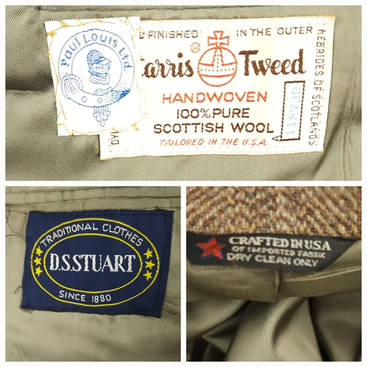 Harris Tweed label and maker tags inside vintage Scottish wool sport coat