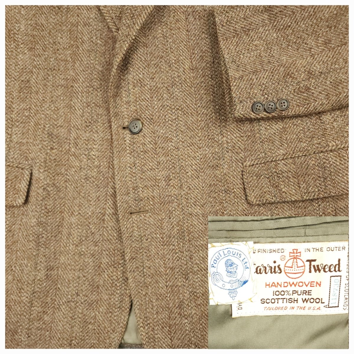 Close up of Harris Tweed wool fabric showing brown herringbone texture and pattern
