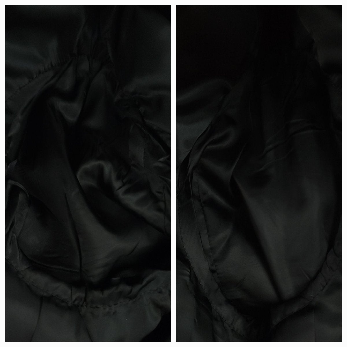 Close-up of the black satin lining inside a gray herringbone tweed jacket