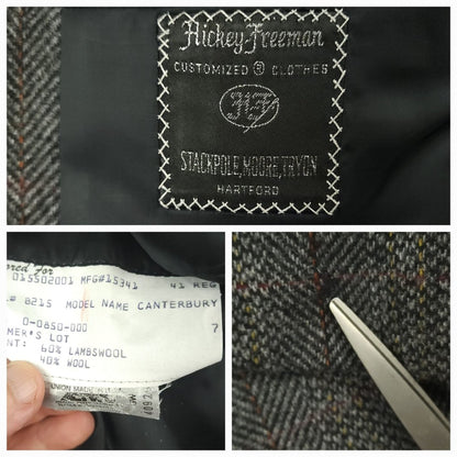 Close-up collage of Hickey Freeman tweed jacket labels and gray herringbone fabric detail
