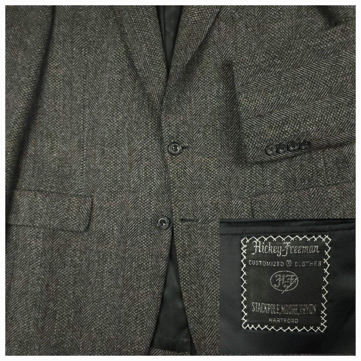 Gray herringbone tweed jacket close-up with buttons, cuff detail, and Hickey Freeman interior label