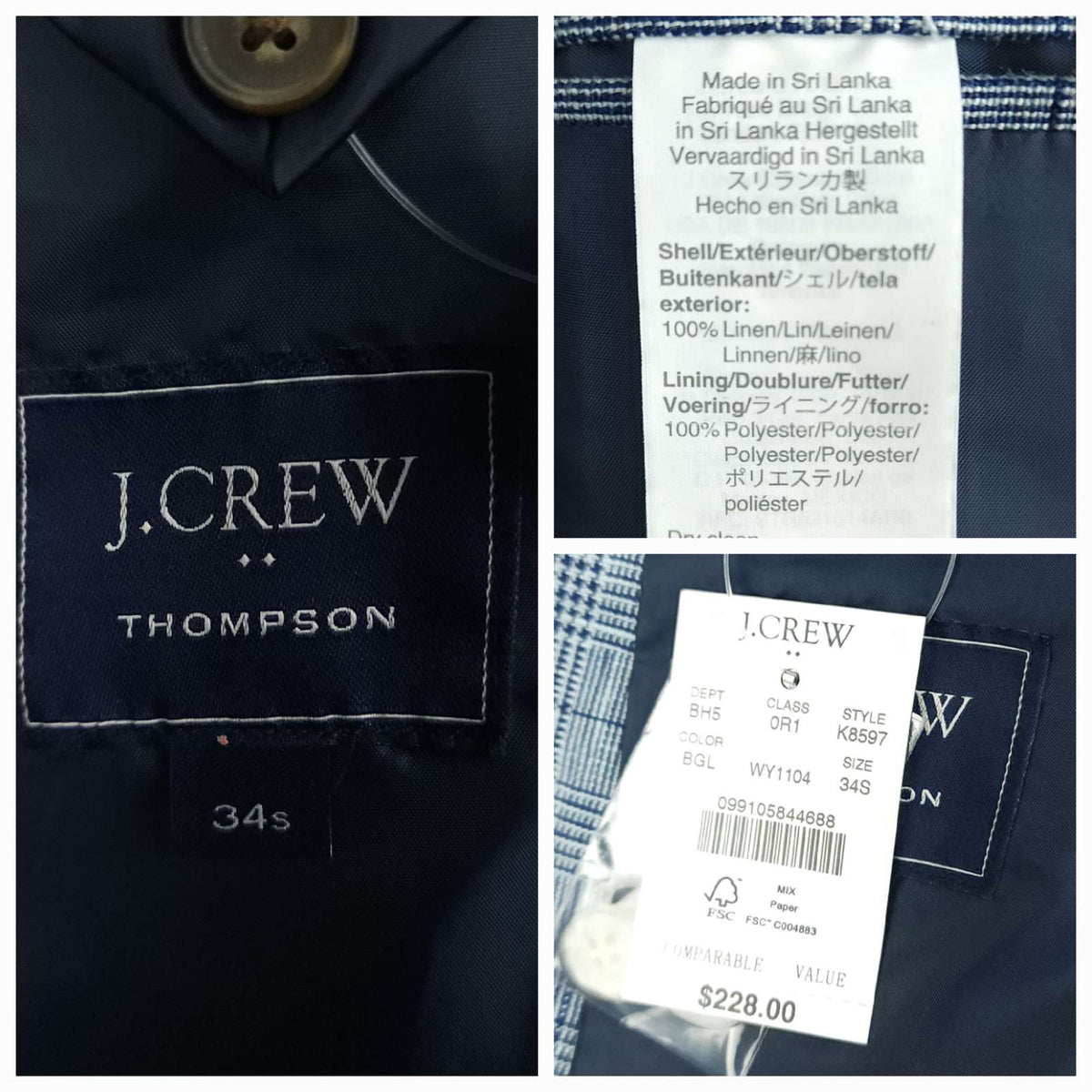 J Crew Thompson Linen Prince of Wales Check Slim Fit Sport Coat 34S