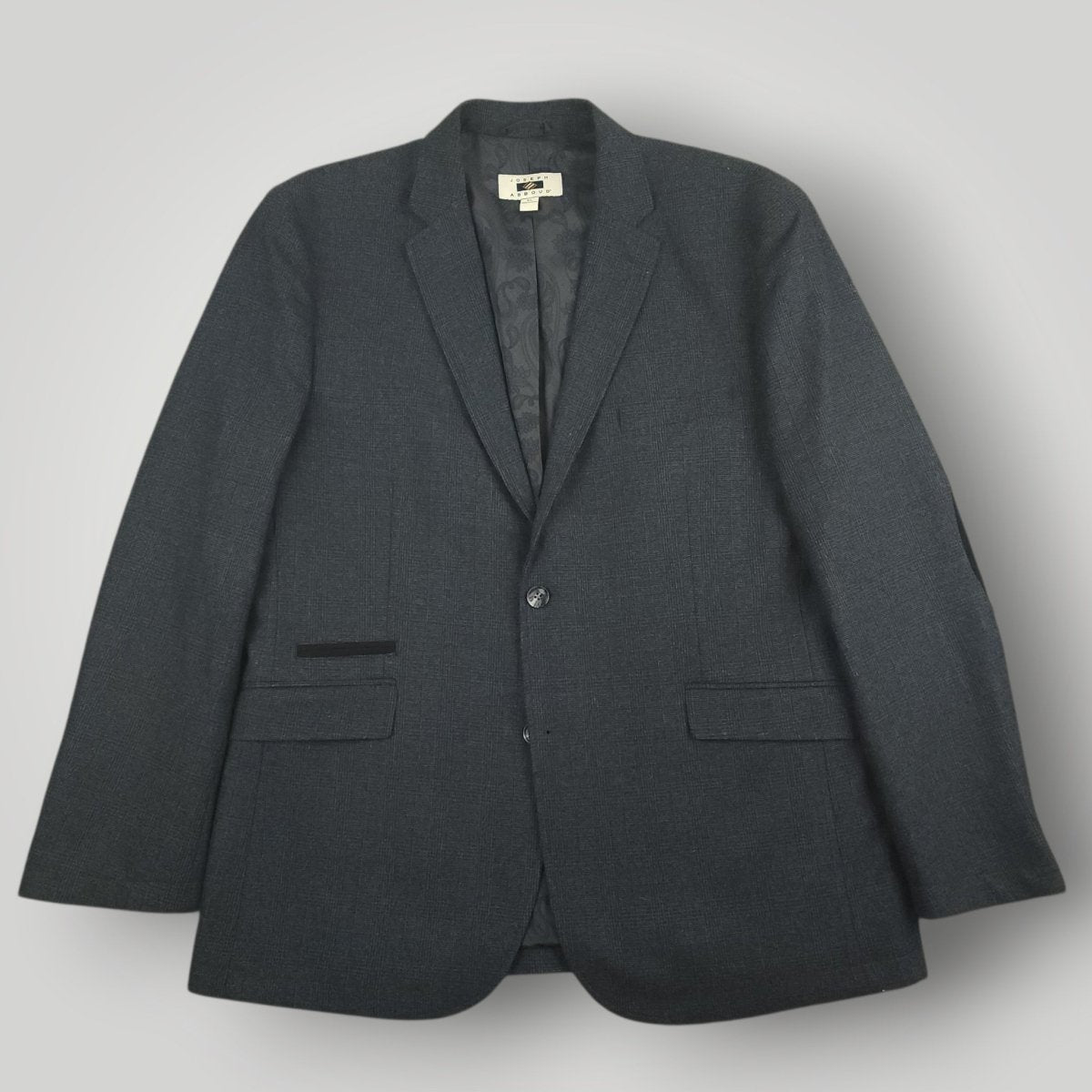 Open front view of Joseph Abboud blue glen plaid hacking jacket showing lapels and lining