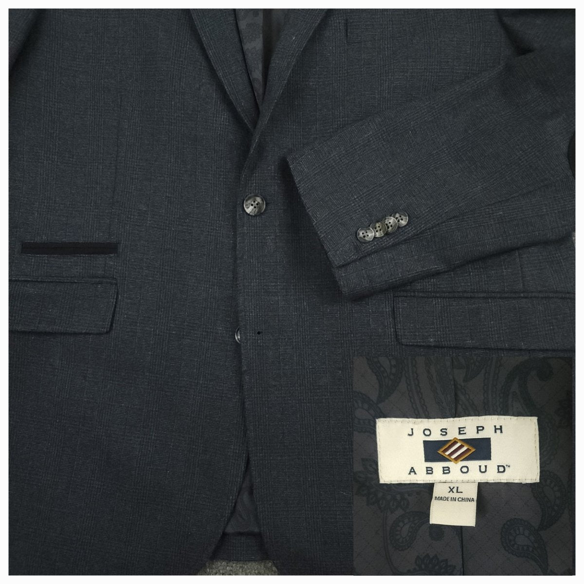 Joseph Abboud blue glen plaid hacking jacket fabric detail with elbow patch and brand label