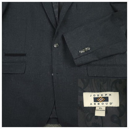Joseph Abboud blue glen plaid hacking jacket fabric detail with elbow patch and brand label