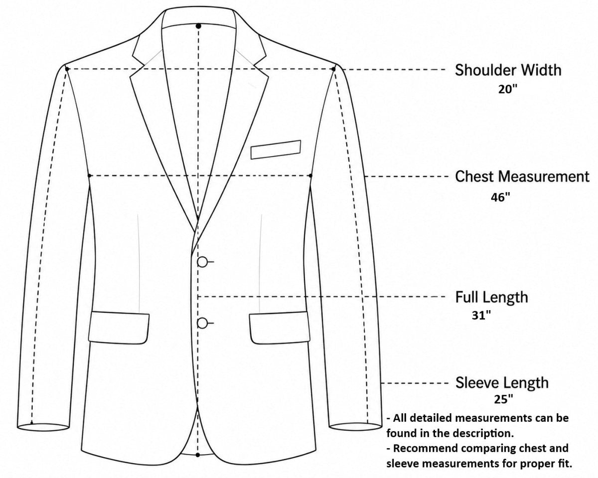 Men’s sport coat measurement guide showing chest, shoulder, sleeve, and length measurements