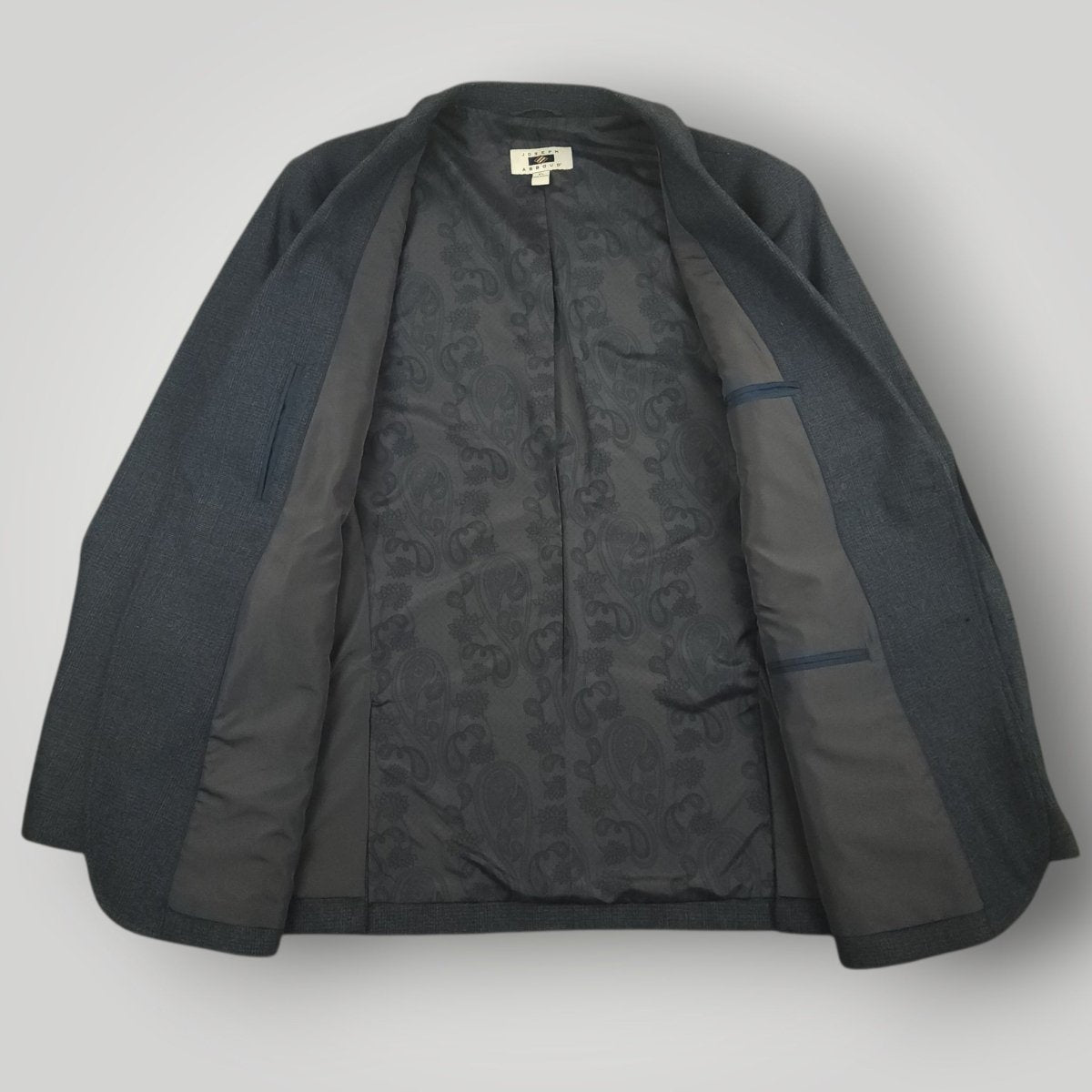 Interior view of Joseph Abboud hacking jacket showing lining and inside pockets