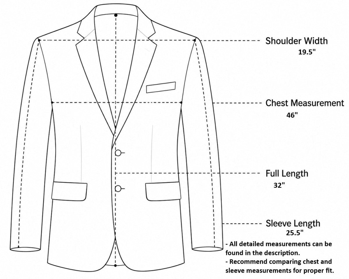 Men’s sport coat measurement guide showing chest shoulder sleeve and length measurements