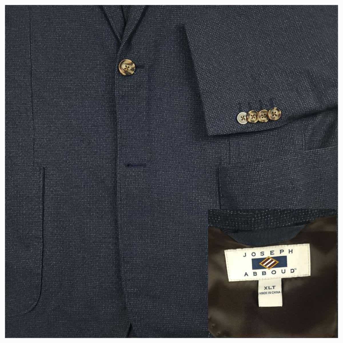 Joseph Abboud blue cotton blend sport coat fabric detail with sleeve buttons and brand label