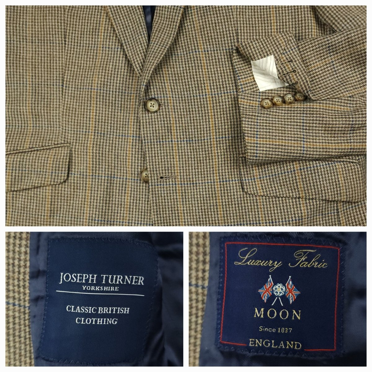 Moon Tweed Wool Cashmere Cotton Gun Club Check Hacking Jacket 44R