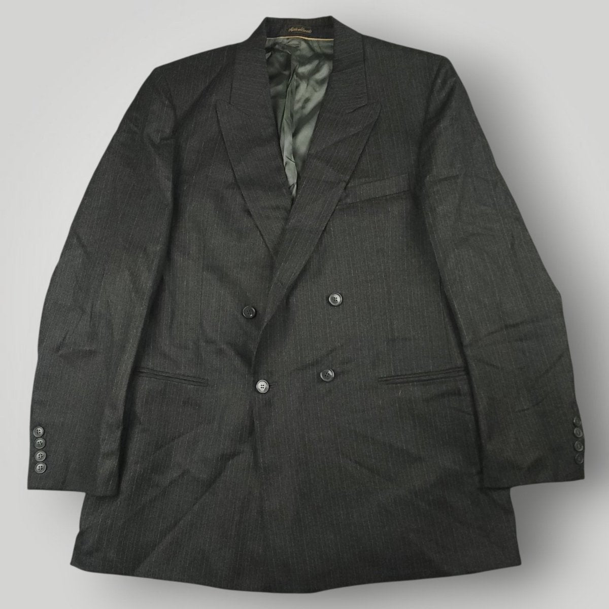 Vintage 80s Classic Fit Wool Double Breasted Chalk Stripe Suit 43L/37