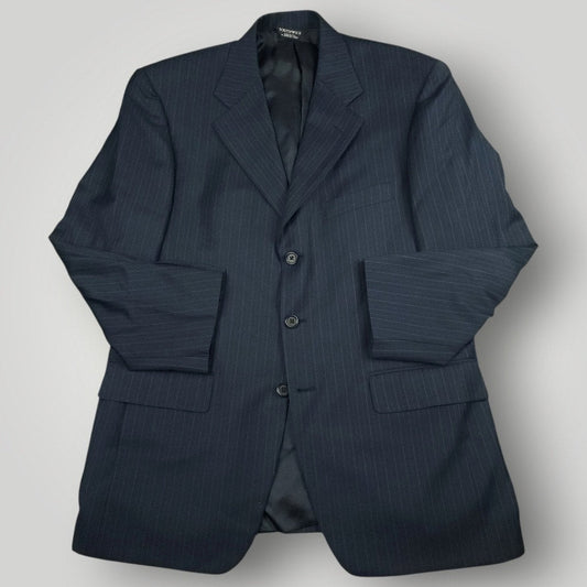Vintage 1990s Southwick navy blue wool rope stripe sport coat 42R front view with wide notch lapel and 3-button closure
