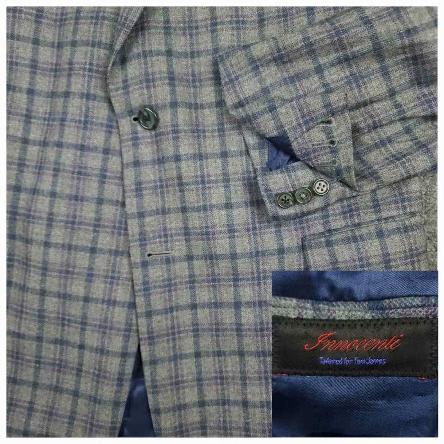 Tom James Innocenti Italian wool plaid sport coat fabric detail showing blue-gray tartan pattern and Innocenti label.