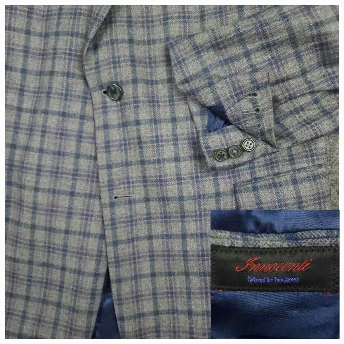 Tom James Innocenti Italian wool plaid sport coat fabric detail showing blue-gray tartan pattern and Innocenti label.
