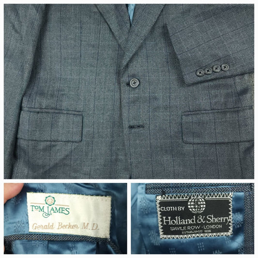 Vintage 90s Slim Fit Holland & Sperry Wool Herringbone Overcheck Metallic Wide Lapel Sport Coat 38S
