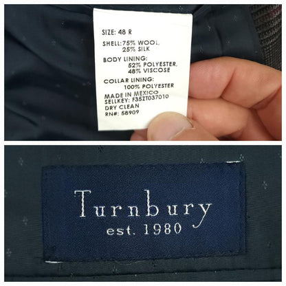 Turnbury manufacturer label and garment information tag inside wool silk sport coat.