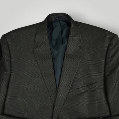 Front chest pocket and upper jacket detail of Turnbury wool silk glen plaid sport coat.

