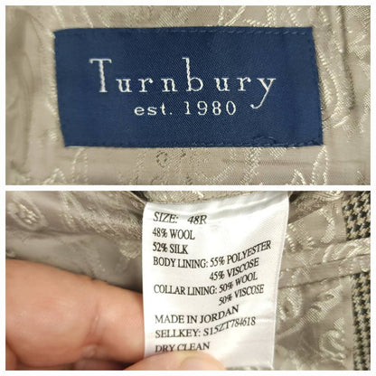 Turnbury brand label and wool silk fabric content tag inside gray houndstooth sport coat