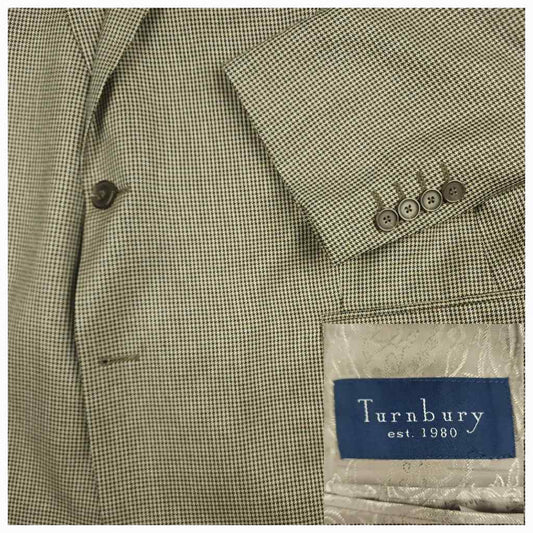 Turnbury wool silk houndstooth sport coat fabric detail with sleeve buttons and brand label