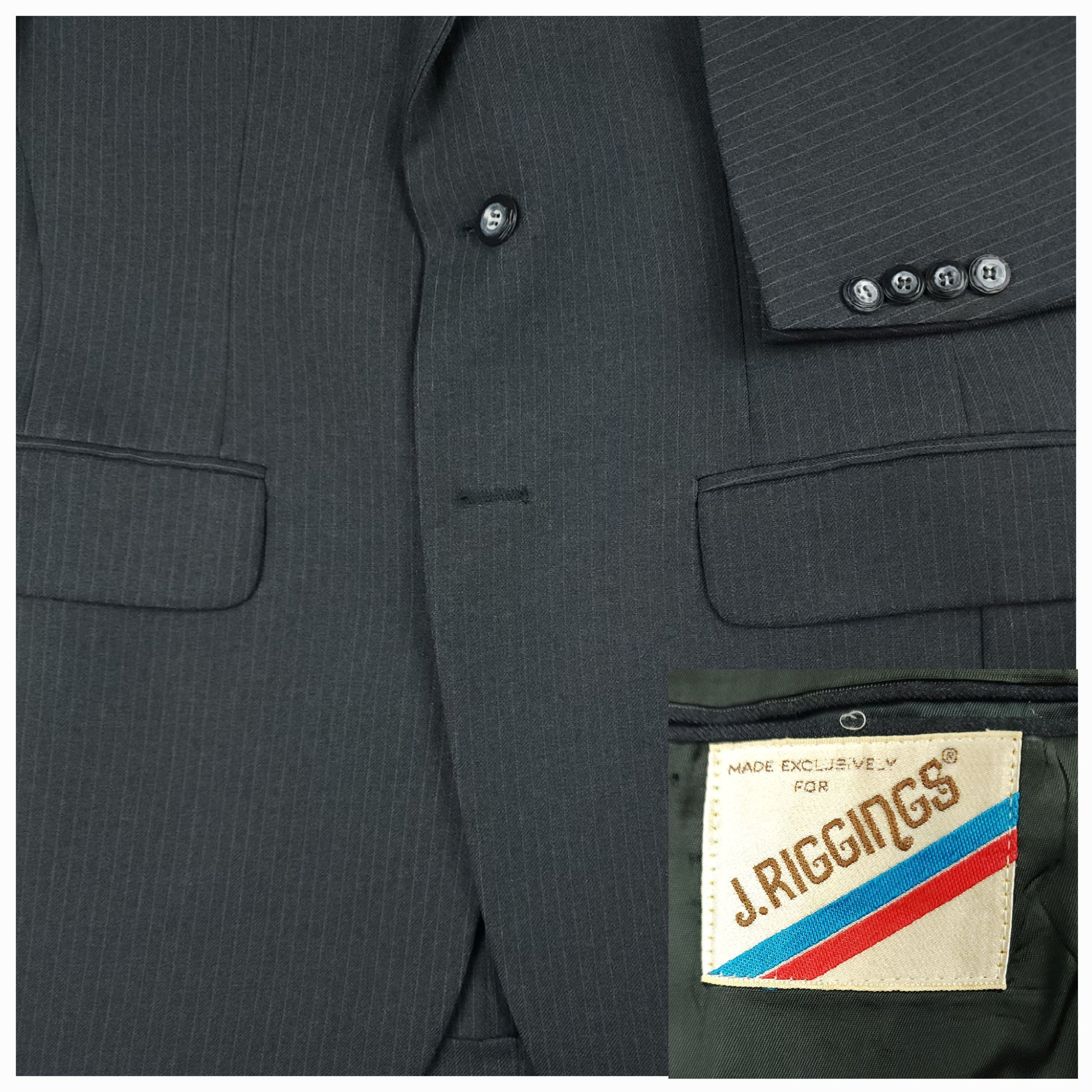 Vintage 70s J. Riggings steel blue pinstripe wool suit close detail