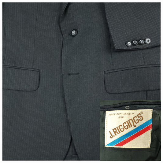 Vintage 70s J. Riggings steel blue pinstripe wool suit close detail