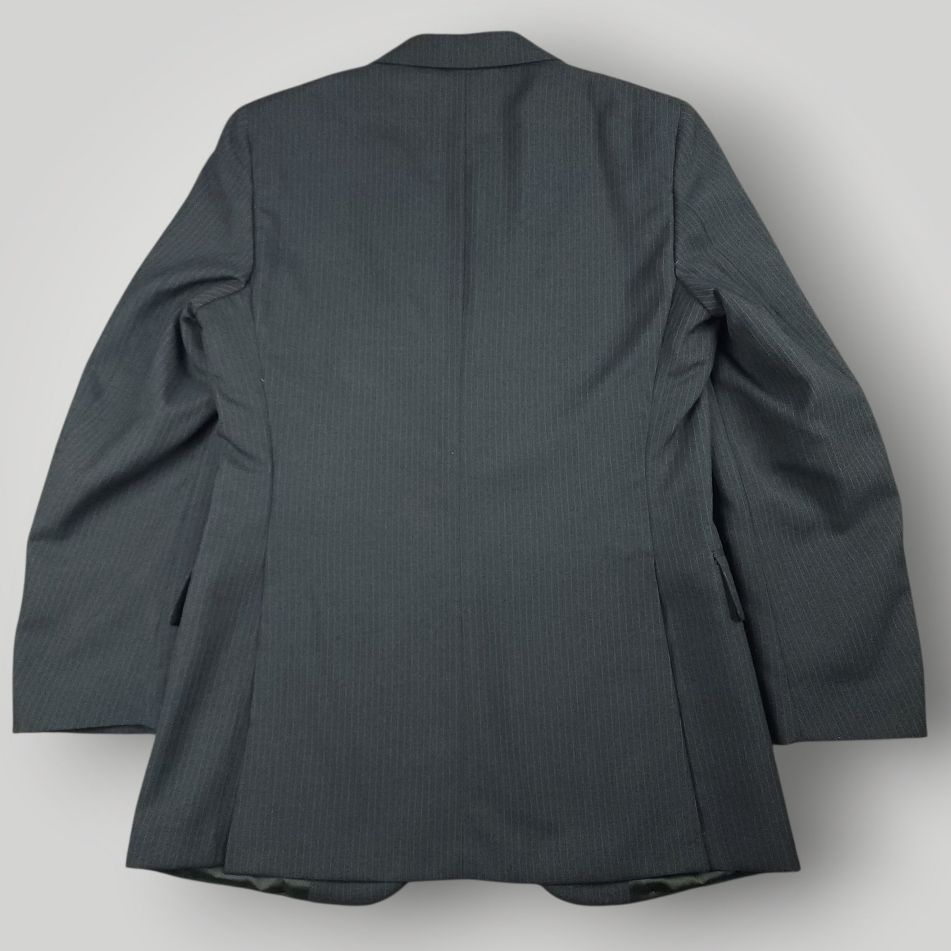 Rear view of vintage steel blue pinstripe suit jacket