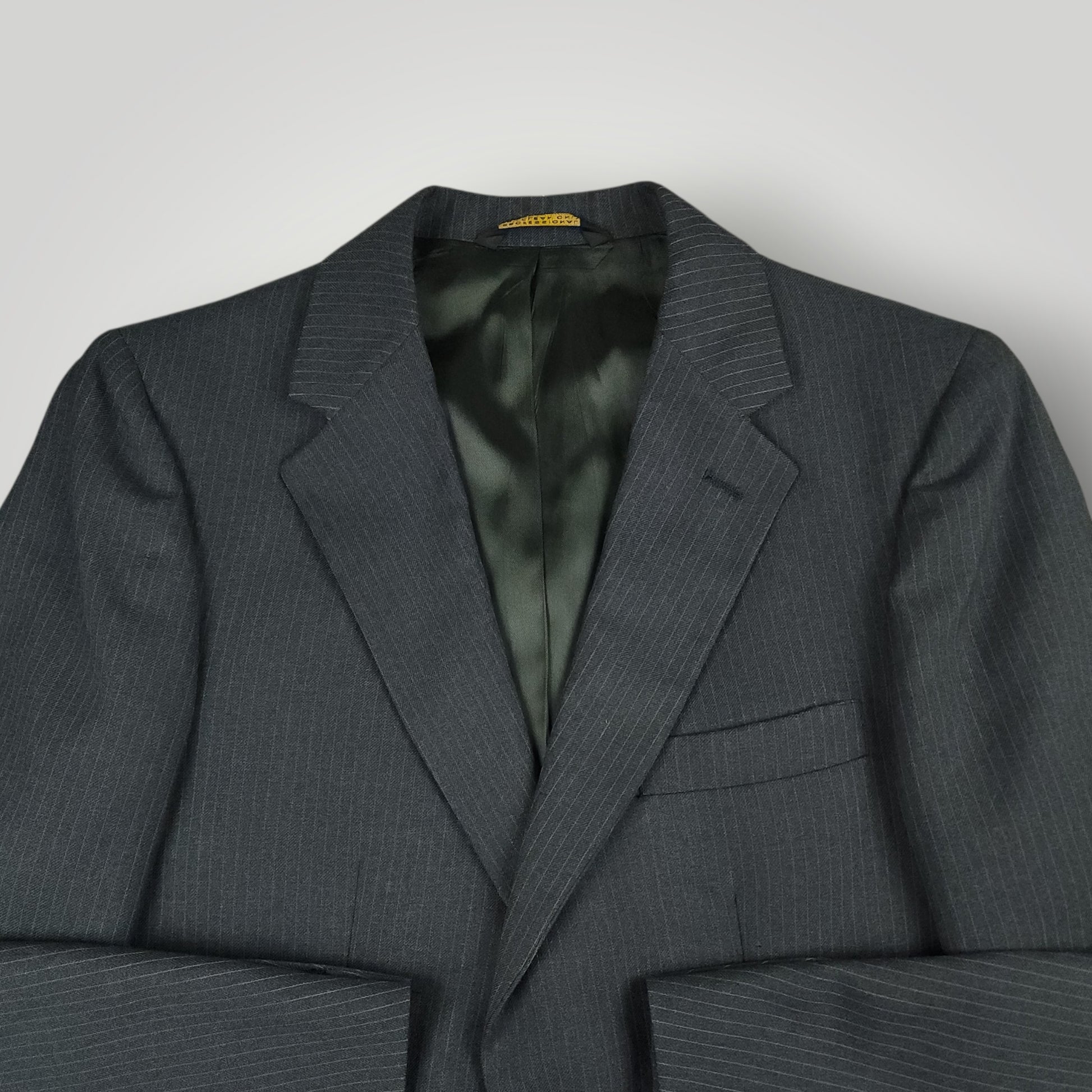 Vintage J. Riggings steel blue suit jacket angled front view