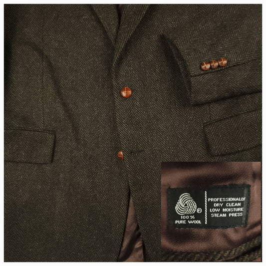 Vtg 80s Classic Fit Herringbone Tweed Jacket 44L