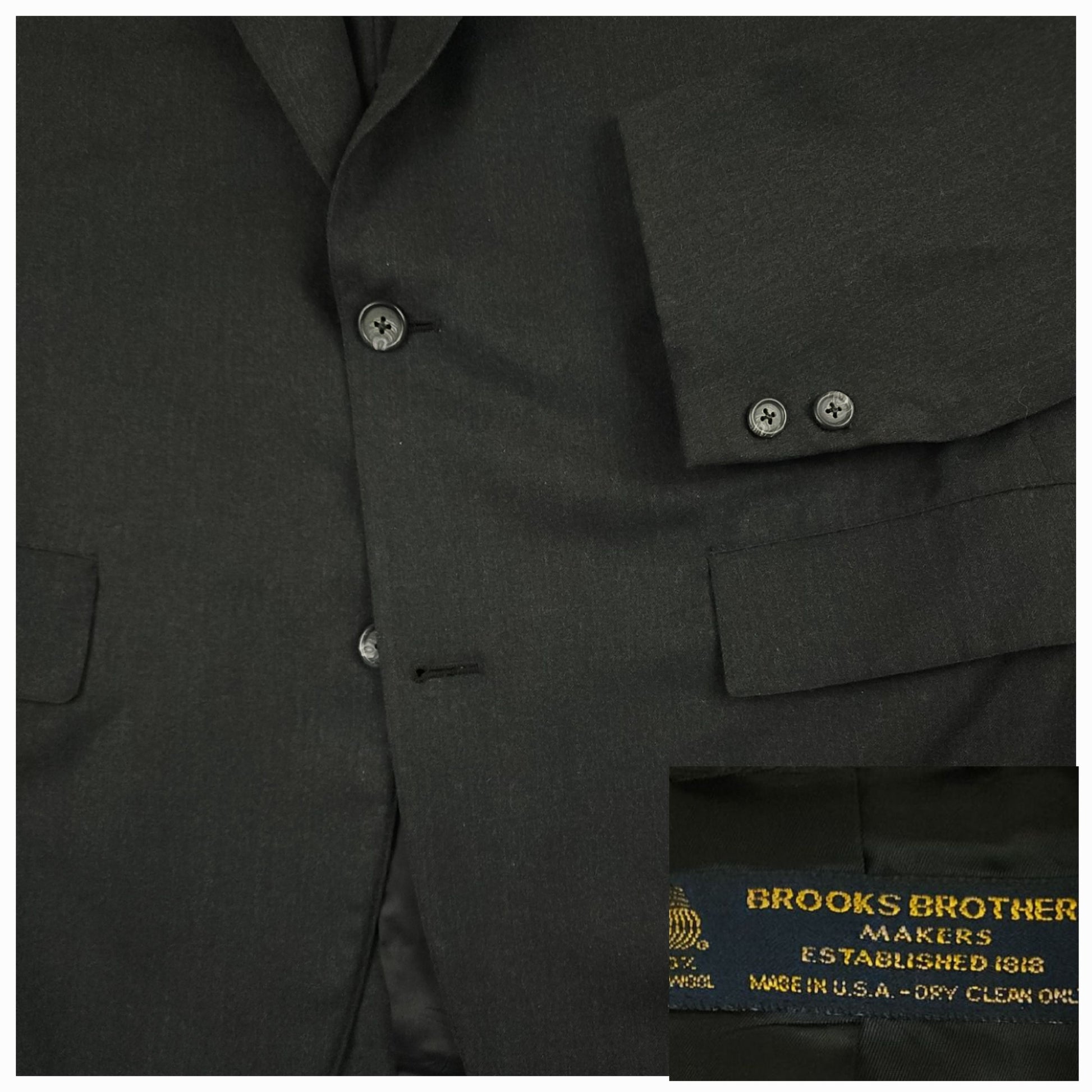 Close up of Brooks Brothers Makers sack jacket showing flap pocket and button detail