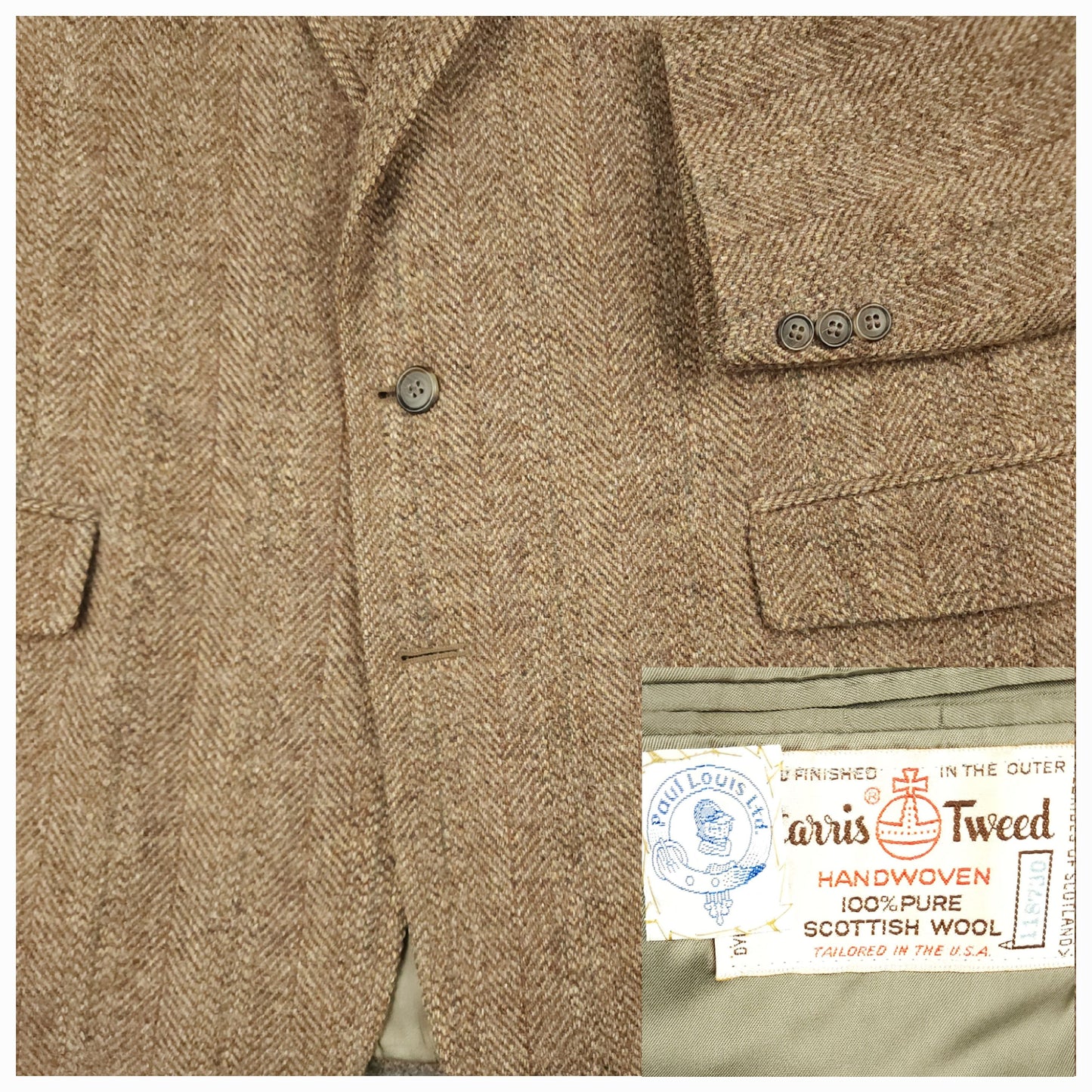 Close up of Harris Tweed wool fabric showing brown herringbone texture and pattern