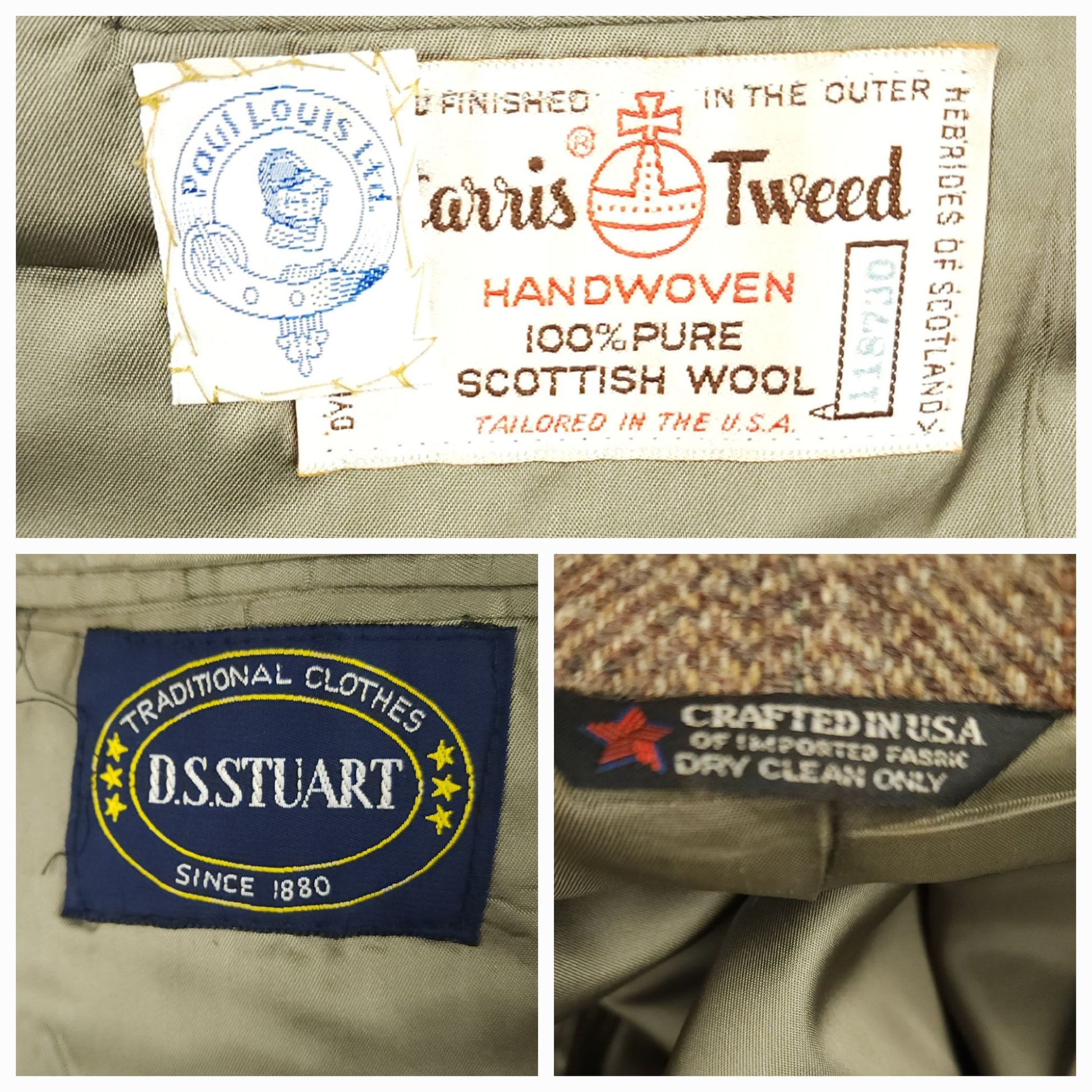 Harris Tweed label and maker tags inside vintage Scottish wool sport coat