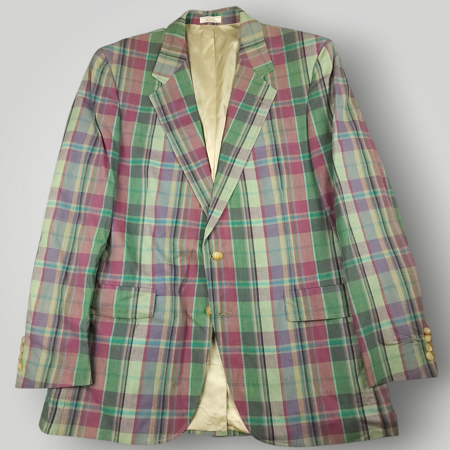 Vintage 70s Slub Cotton Madras Plaid Sport Coat 42R