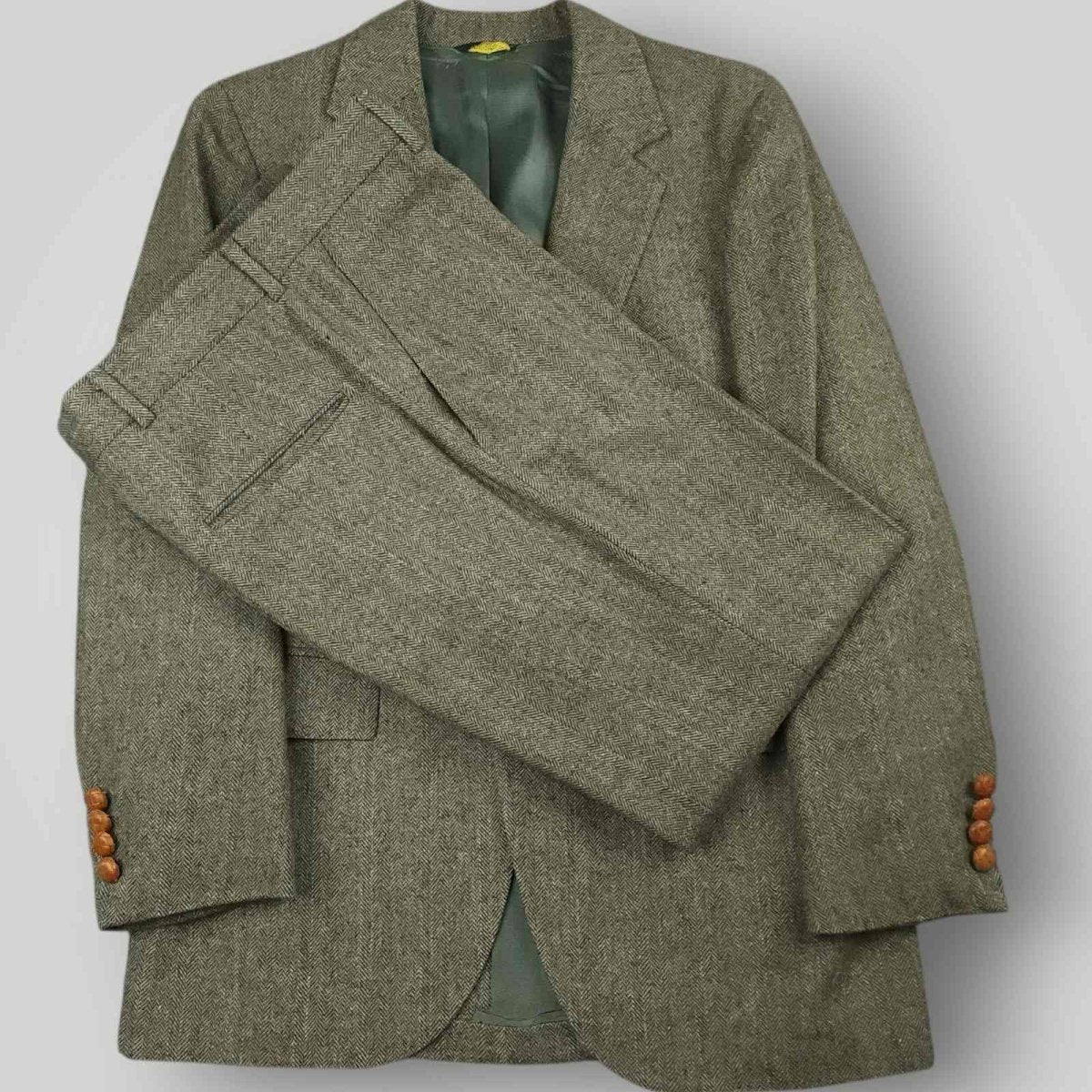 Vintage 60s Mens 2 Pc Herringbone Tweed Wool Suit 36S/30S