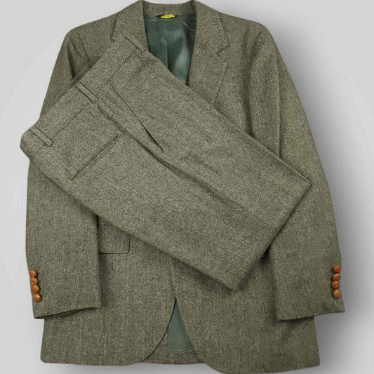 Vintage 60s Mens 2 Pc Herringbone Tweed Wool Suit 36S/30S