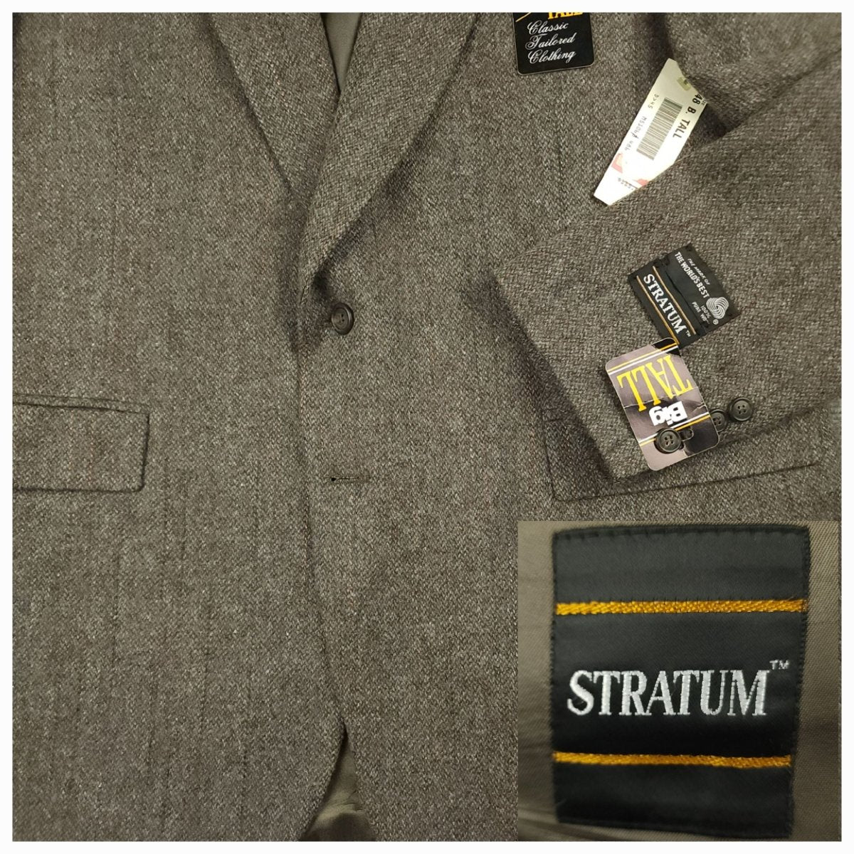 Vintage 80s Classic Fit Tweed Wool Herringbone Jacket Sport Coat 46R Taupe