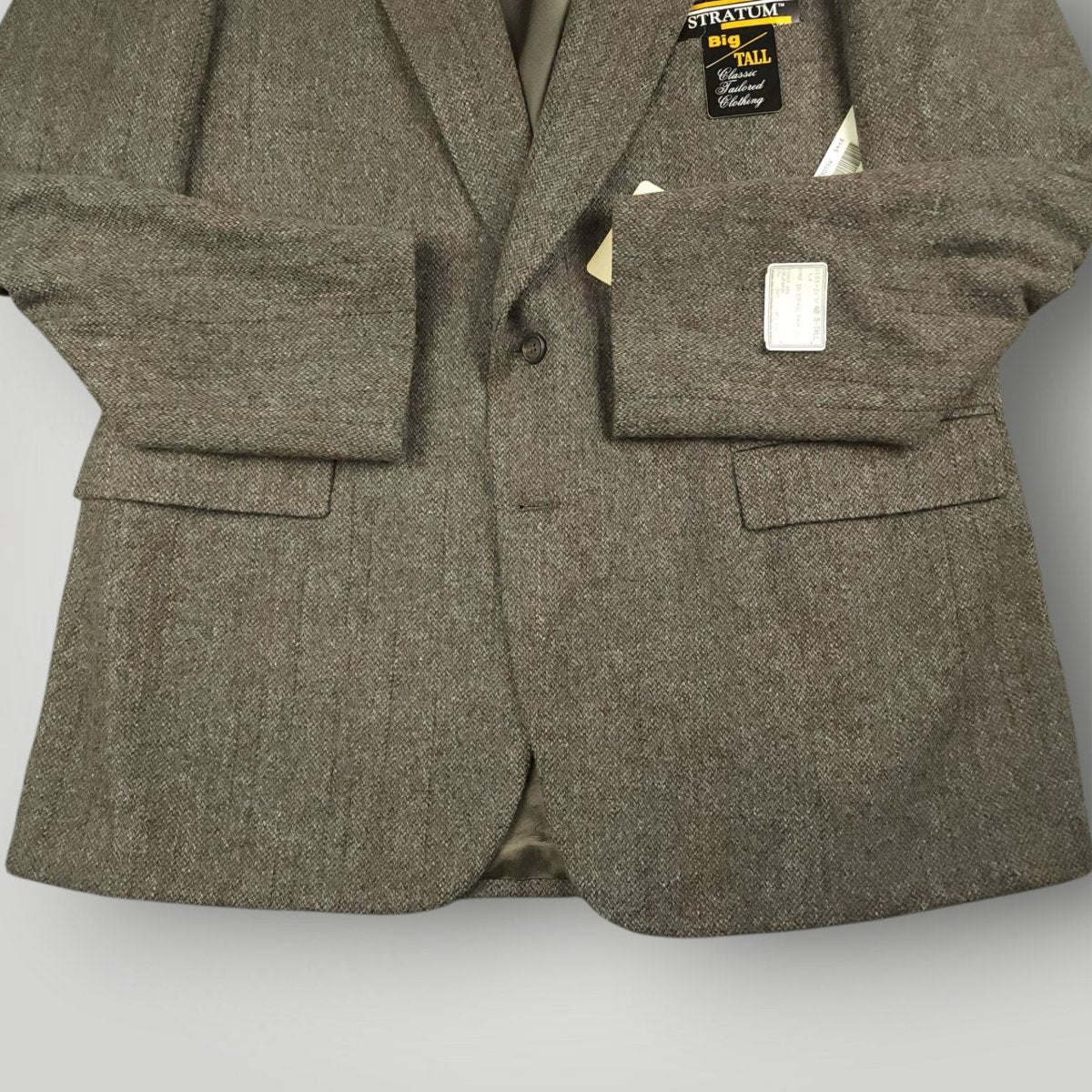 Vintage 80s Classic Fit Tweed Wool Herringbone Jacket Sport Coat 46R Taupe