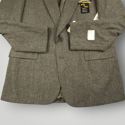 Vintage 80s Classic Fit Tweed Wool Herringbone Jacket Sport Coat 46R Taupe
