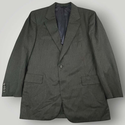 A dark gray pinstripe suit jacket with a two-button closure, displayed flat against a light gray background.