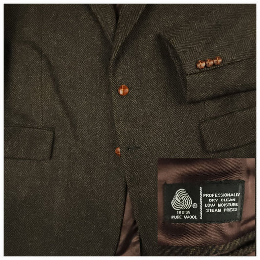 Vtg 80s Classic Fit Herringbone Tweed Jacket 44L