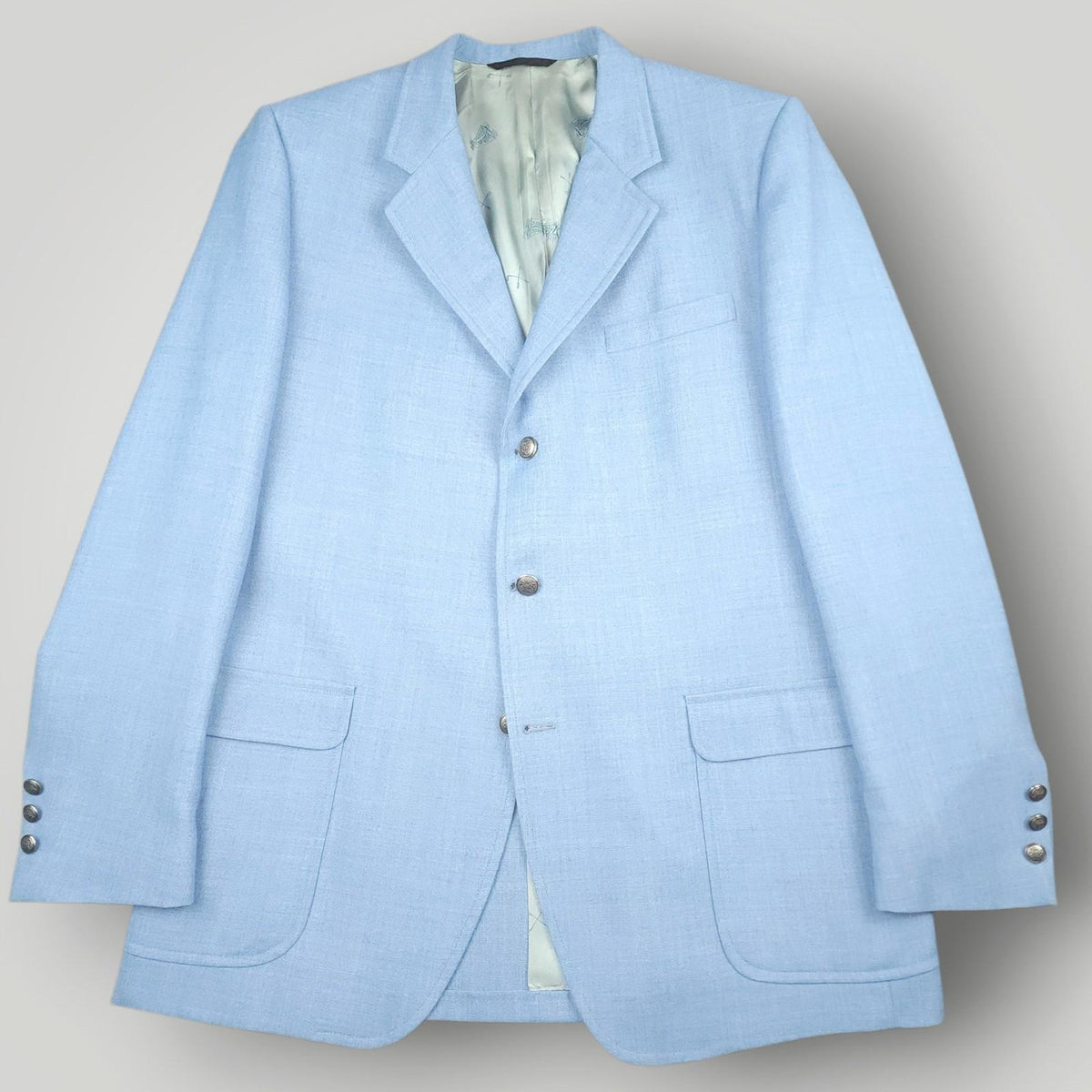 Vintage 70s Slim Fit Hopsack Patch Pocket Silver Button Wool Blazer 46L