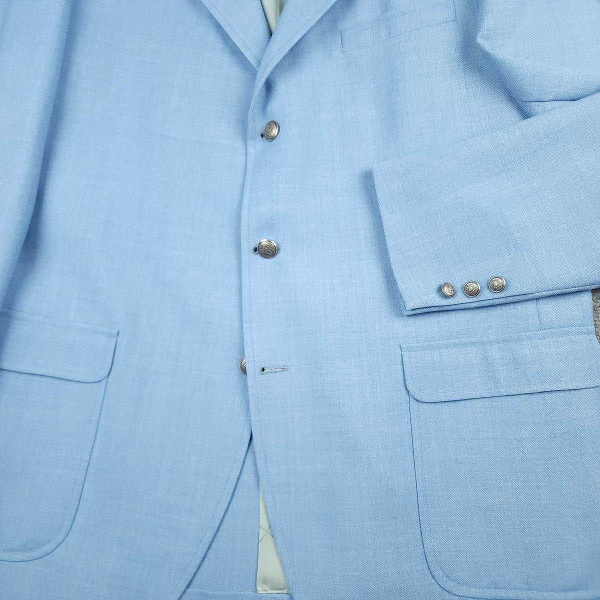 Vintage 70s Slim Fit Hopsack Patch Pocket Silver Button Wool Blazer 46L